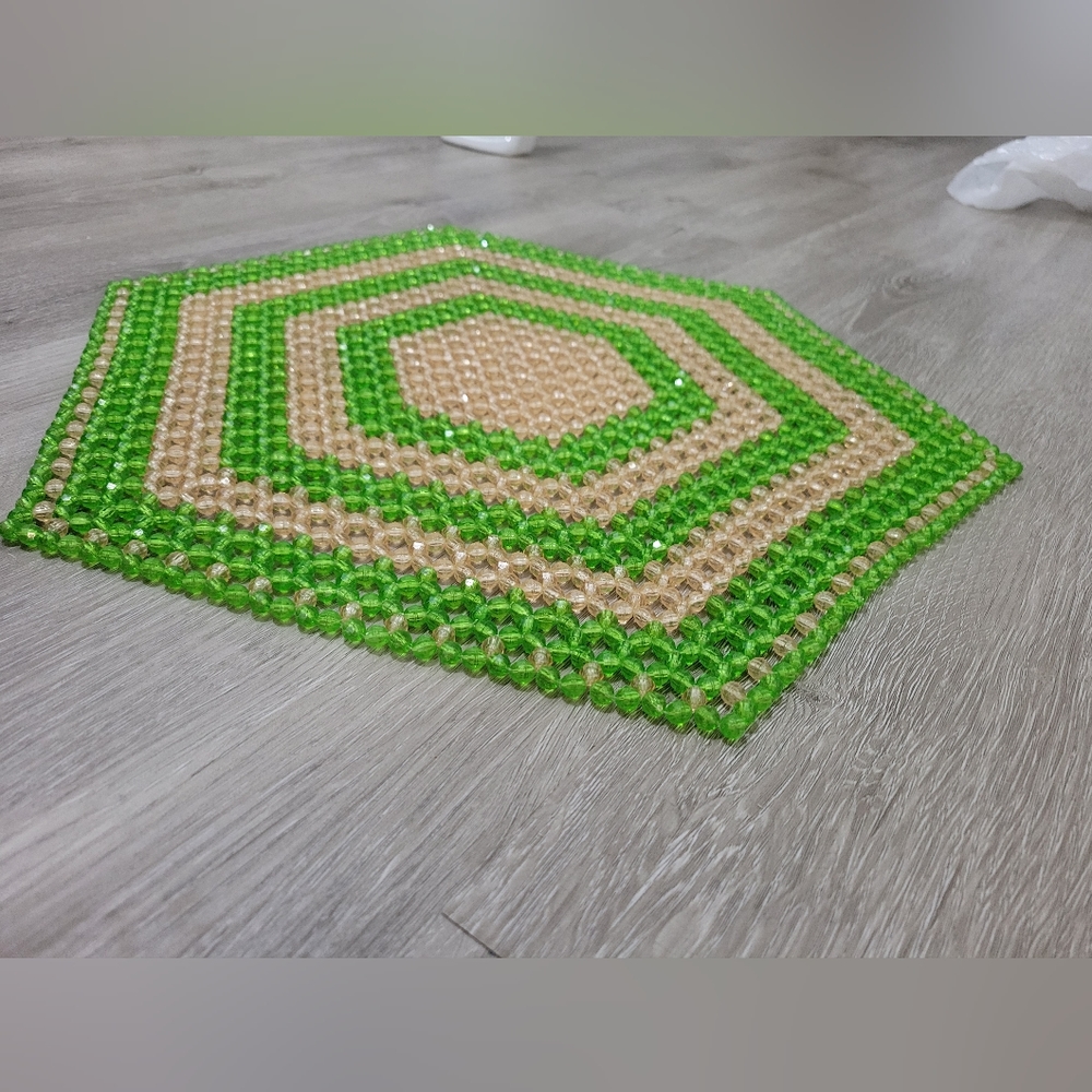 Vintage 1970s hexagon beaded shimmery placemat or decor